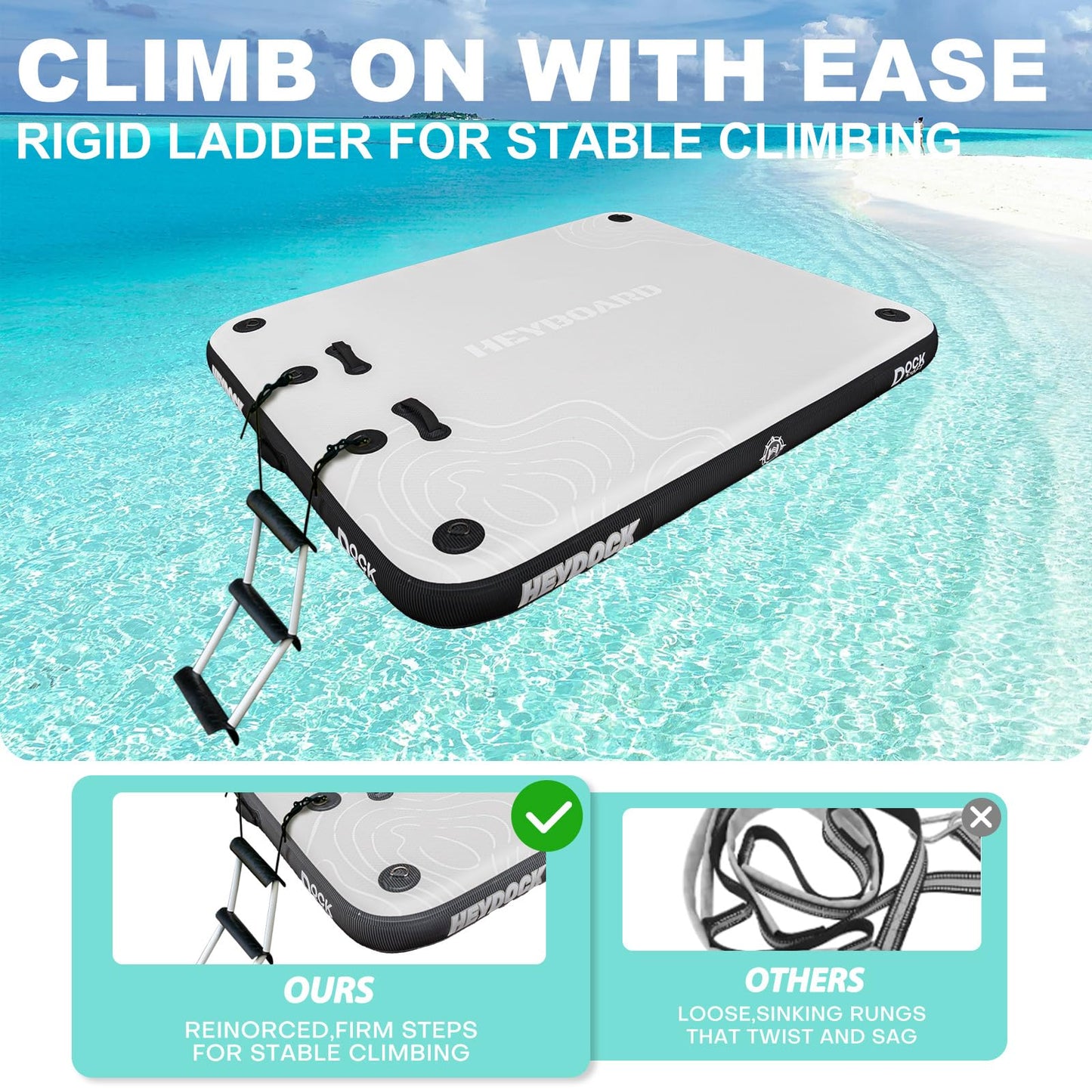 HEYBOARD Inflatable Floating Dock - Non-Slip Air Dock Platform, Floating Island Raft for Pool, Beach, Lake, Ocean with Detachable Ladder Gray 5 x 6 ft