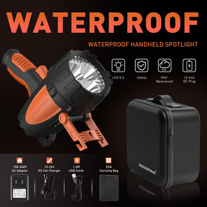 GOODSMANN Rechargeable Spotlight IP67 Waterproof Marine Spotlights up to 4500 Lumen Handheld Light LED Searchlight with EVA Storage Carrying Case and USB Charger for Hiking, Boating, Hunting, Camping