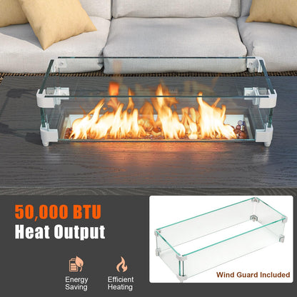 Tangkula Outdoor Propane Fire Pit Table, 42 Inch Rectangular Rattan Fire Table with Wind Guard & Glass Rocks, 50,000 BTU Smokeless Gas Fire Pit for Outside Patio (Brown)