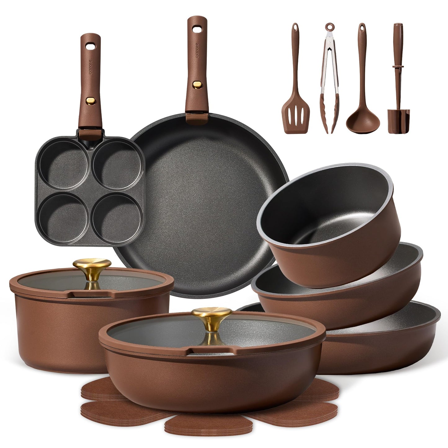 CAROTE 21pcs Pots and Pans Set, Nonstick Cookware Set Detachable Handle, Induction Kitchen Cookware Sets Non Stick with Removable Handle, RV Cookware Set, Oven Safe, Brown