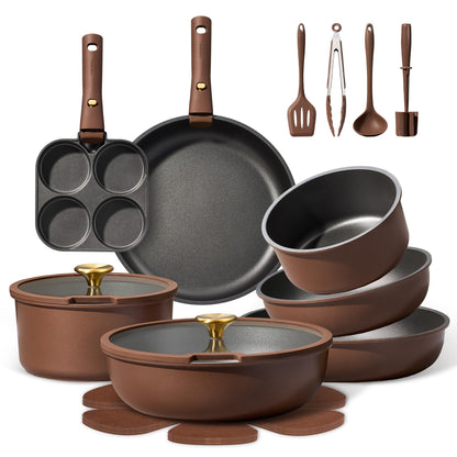CAROTE 21pcs Pots and Pans Set, Nonstick Cookware Set Detachable Handle, Induction Kitchen Cookware Sets Non Stick with Removable Handle, RV Cookware Set, Oven Safe, Brown