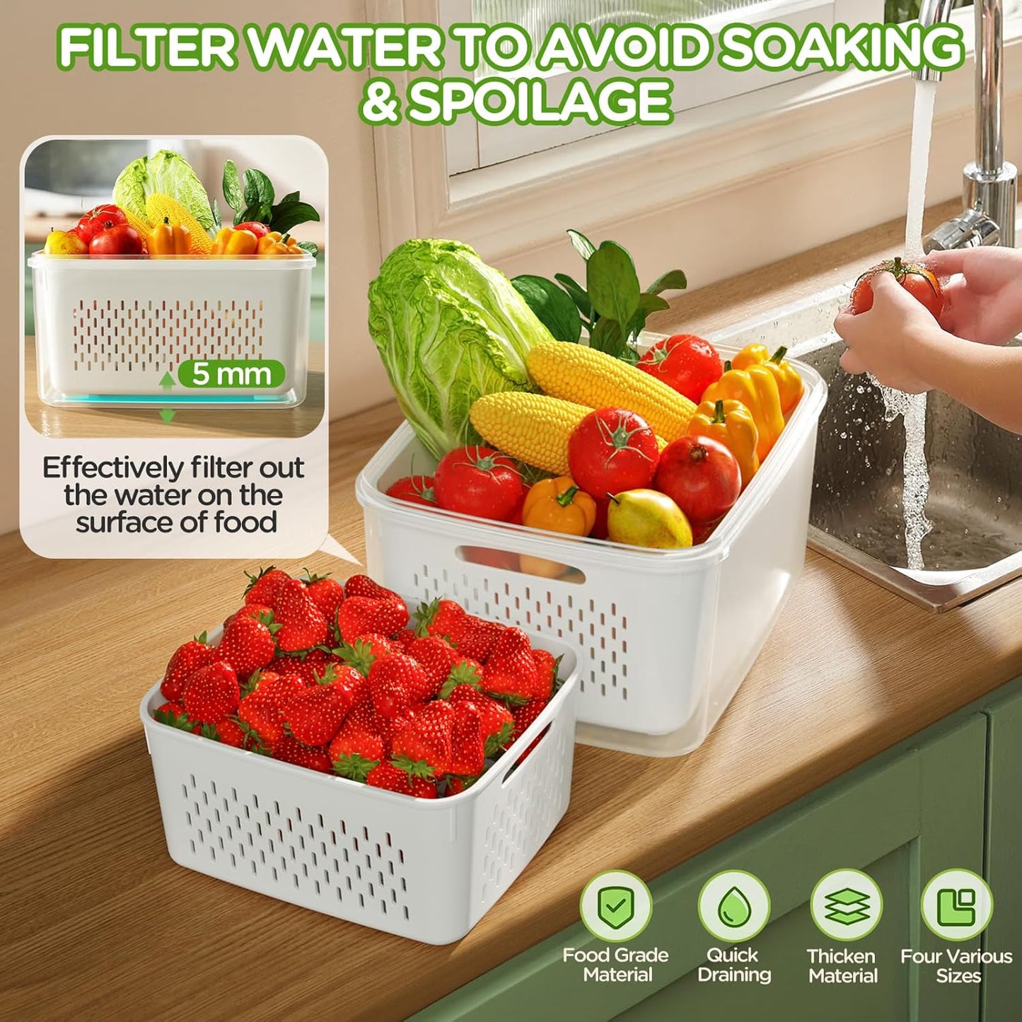 Skiennix 4 PCS Fruit Storage Containers - All-In-One Produce Wash Bowl with Removable Colander | Microwave & Dishwasher Safe