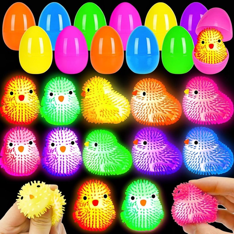 PIONJOY 12 Pack Easter Eggs Filled Chick LED Puffer Balls,LED Light Up Toys Stuffers Stress Relief LED Ball for Kids Easter Egg Hunt Filling Treats Easter Basket Stuffers Easter Party Favor