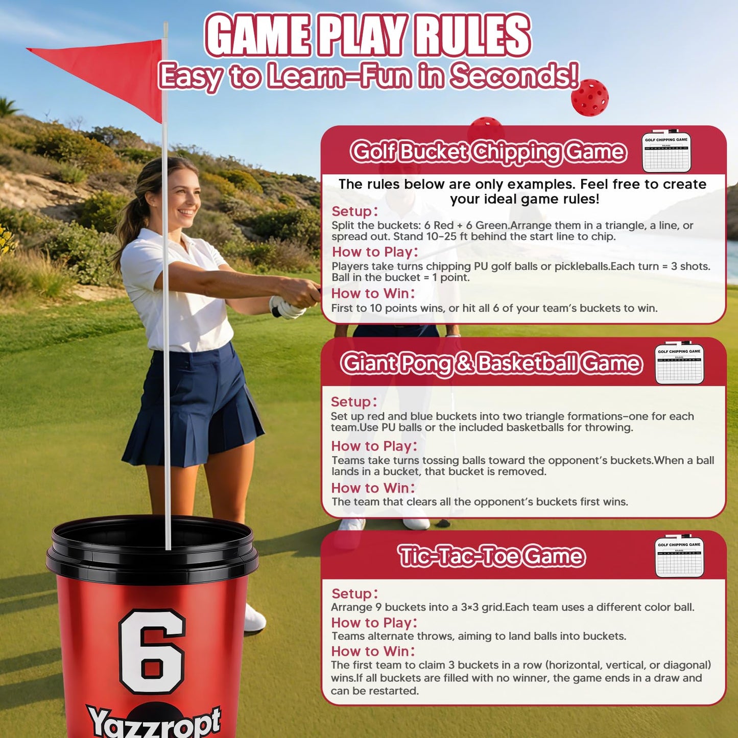 Yazzropt Giant 3-in-1 Outdoor Backyard Party Game Set – Bucket Golf, Yard Pong Basketball & Toss Games – Large Outdoor/Indoor Lawn Games for Adults & Families, Beach & Camping