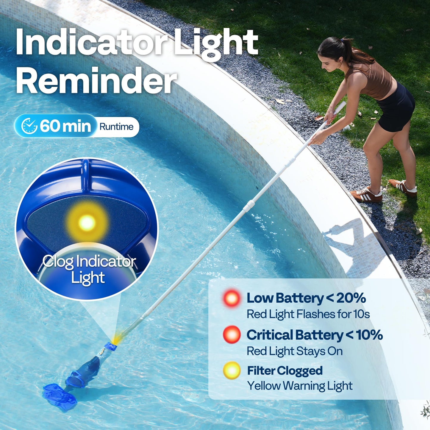 VIVOHOME Handheld Pool Vacuum 1110GPH Suction Cordless Pool Cleaner 40W Powerful Motor Long-Run 60min Battery, Adjustable 9.12FT Pole for Above Ground & In-Ground Pools, Spas - Blue