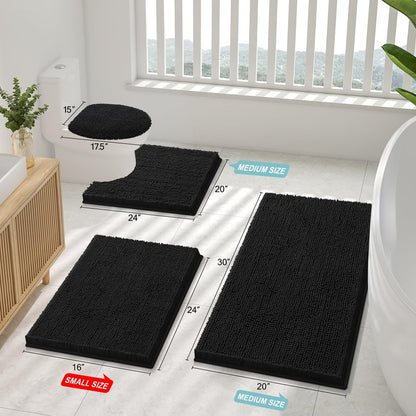Smiry Luxury Chenille Bathroom Rugs 30x20, Extra Soft and Absorbent Shaggy Bath Mat, Machine Washable, Non-Slip Plush Carpet Runner for Tub, Shower, and Floor, Home Decor Accessories, Black