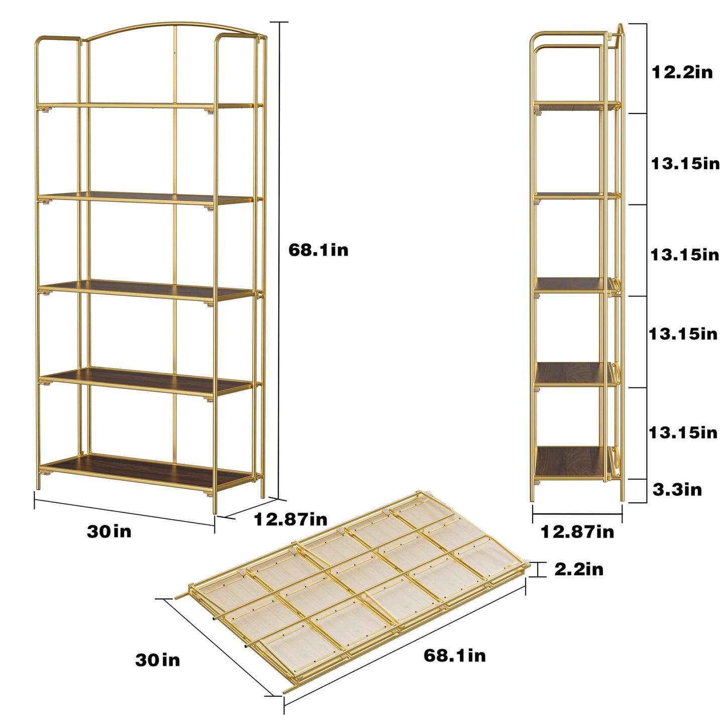 Crofy Folding Bookshelf for Living Room, 5 Tier Gold Collapsible Book Shelf for Home Office, Portable Bookcase Storage Organizer
