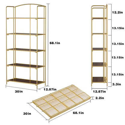 Crofy Folding Bookshelf for Living Room, 5 Tier Gold Collapsible Book Shelf for Home Office, Portable Bookcase Storage Organizer