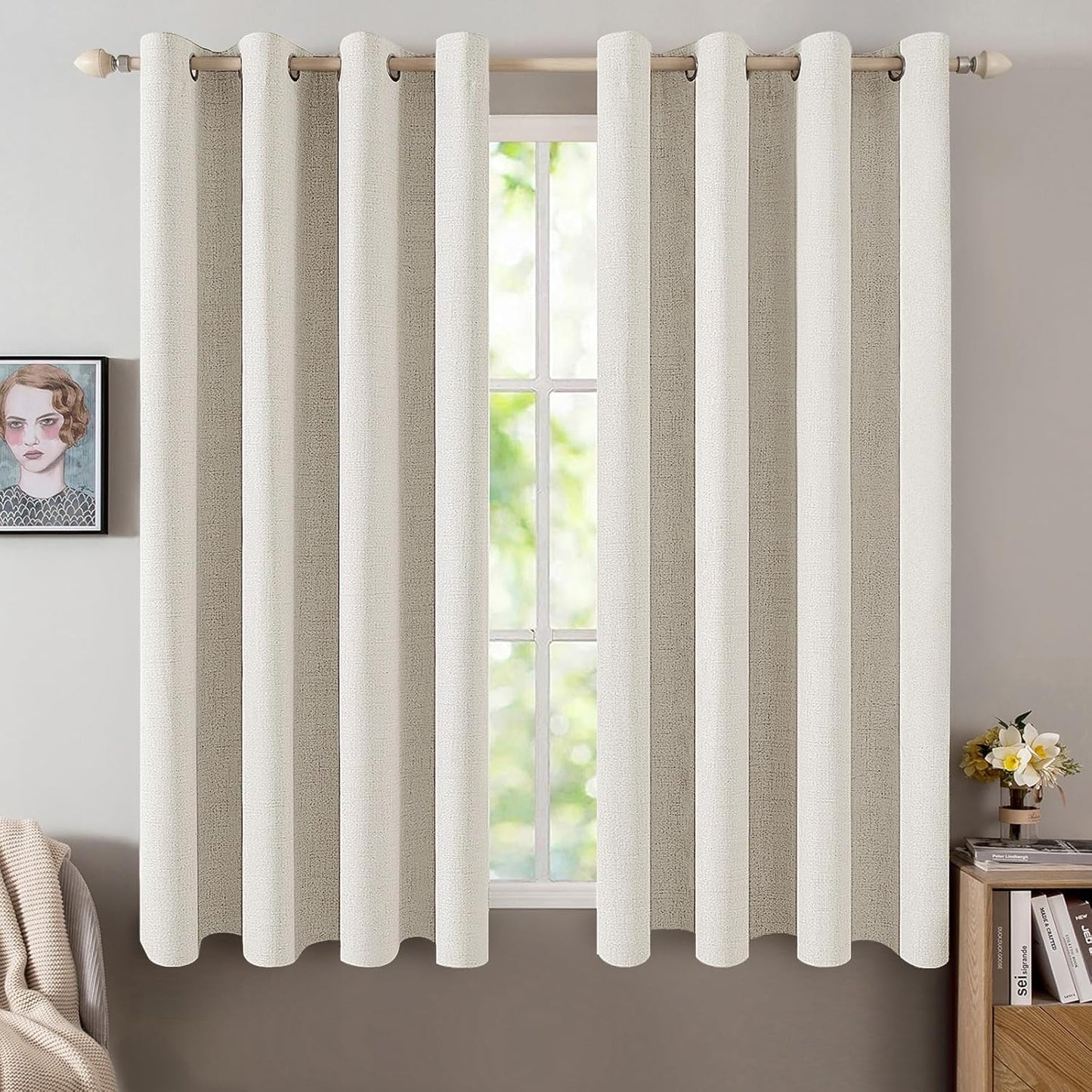 MIULEE Linen Curtains - 100% Blackout Thermal Insulated Drapes | Beige, 52x45 Inch (2 Panels)