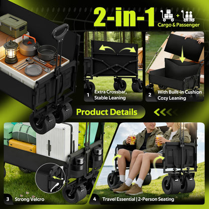 Beach Wagon with Seats, Heavy Duty Wagon Bench Seat Combo with Anti-Collapse Backbar, 2-in-1 Collapsible Lounge Cart for Sand Outdoor Camping, Carbon Steel 500lbs, Black