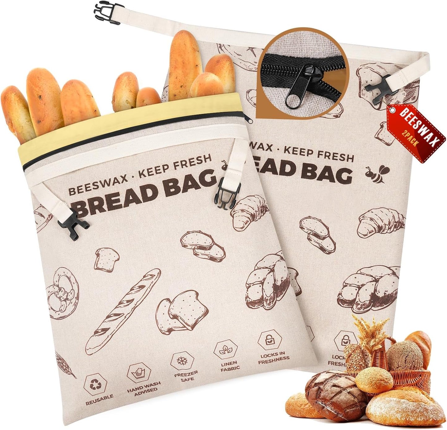 YARRAMATE Beeswax Bread Bags - Reusable Linen Food Storage for Fresh Homemade Sourdough | Large 17x13" (Brown, 2 Pack)