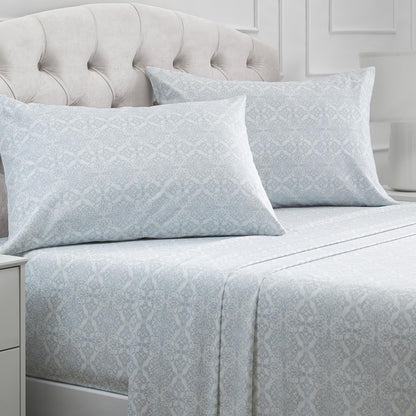 Mellanni California King Sheets Set - 4 PC Hotel Luxury Bedding | Extra Soft, Cooling, Wrinkle-Resistant (Laced Sky Blue)
