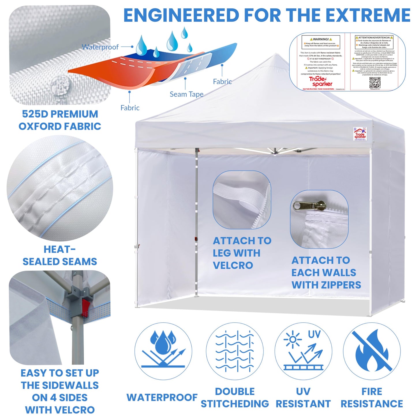 Tradesparker Pop Up Tent,Commercial Movable Canopy with ApexCore LED&Rugged Casters-Instant Easy Setup Shelter Canopies with Weight Bags&Stakes for Outdoor Events(10x15, with 4 Sidewalls, White)