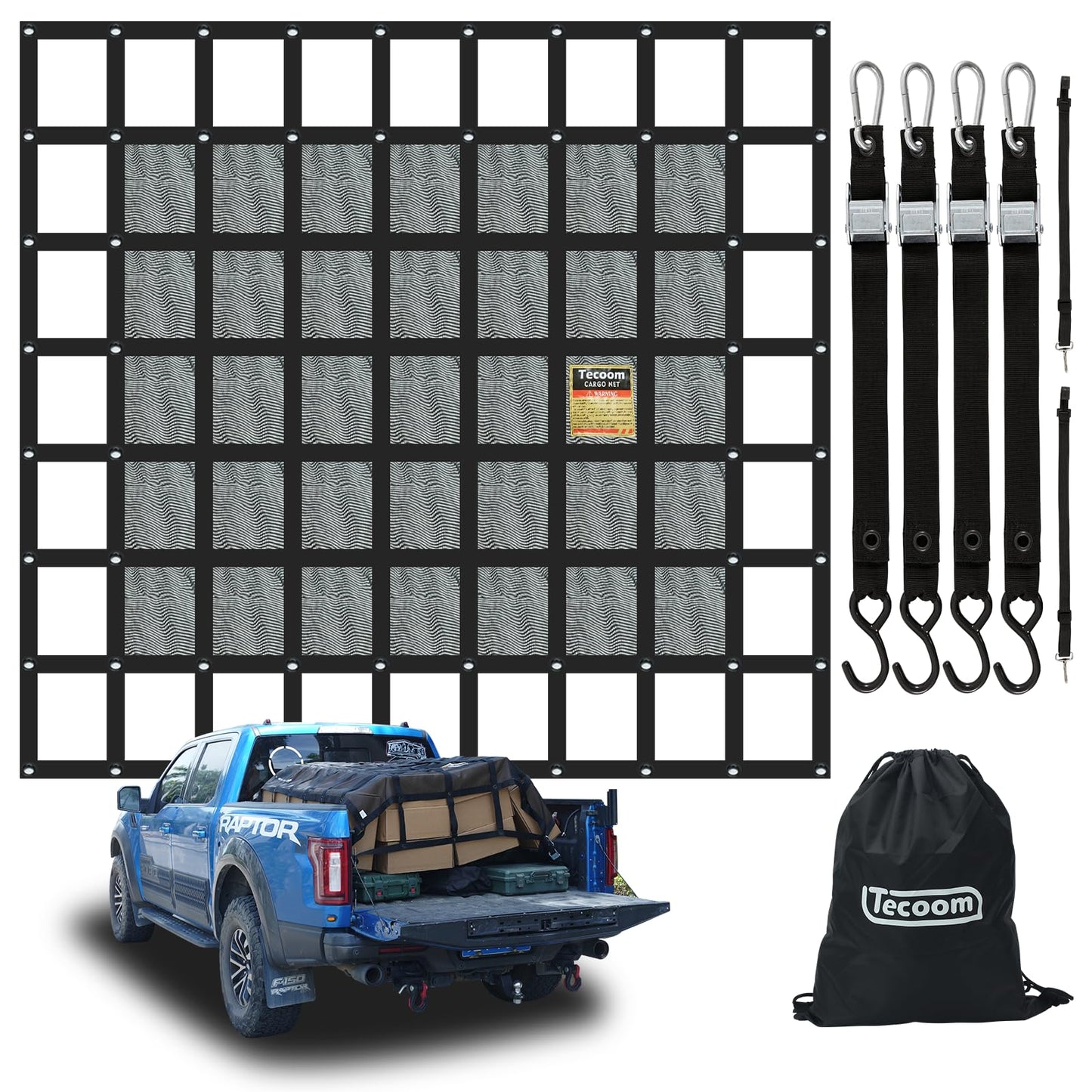 Tecoom Cargo Net with Mesh, 8.4 x 7.51ft 1,500 LBS Capacity Truck Bed Net for Trailer, Trucks, Boat, Jeep, Pickup, Heavy Duty Cargo Net with Adjustable Cam Buckles & S-Hooks & Cross Strap