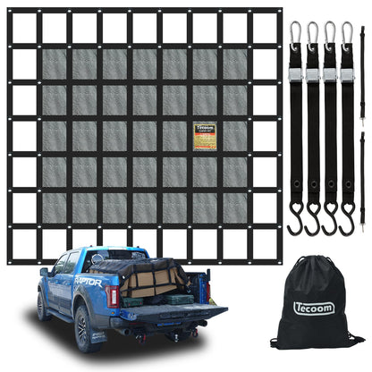 Tecoom Cargo Net with Mesh, 8.4 x 7.51ft 1,500 LBS Capacity Truck Bed Net for Trailer, Trucks, Boat, Jeep, Pickup, Heavy Duty Cargo Net with Adjustable Cam Buckles & S-Hooks & Cross Strap