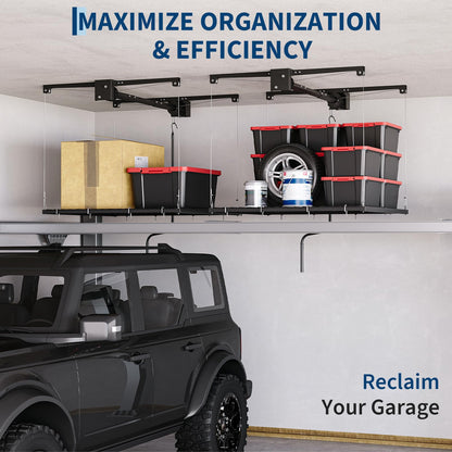 Overhead Garage Storage Rack, Adjustable 4x4 ft Ceiling Mounted Storage Racks with Dual Locking Safety System, 350 Lb Capacity Overhead Garage Storage Rack for Garage Ceiling Storage, Great for Bins