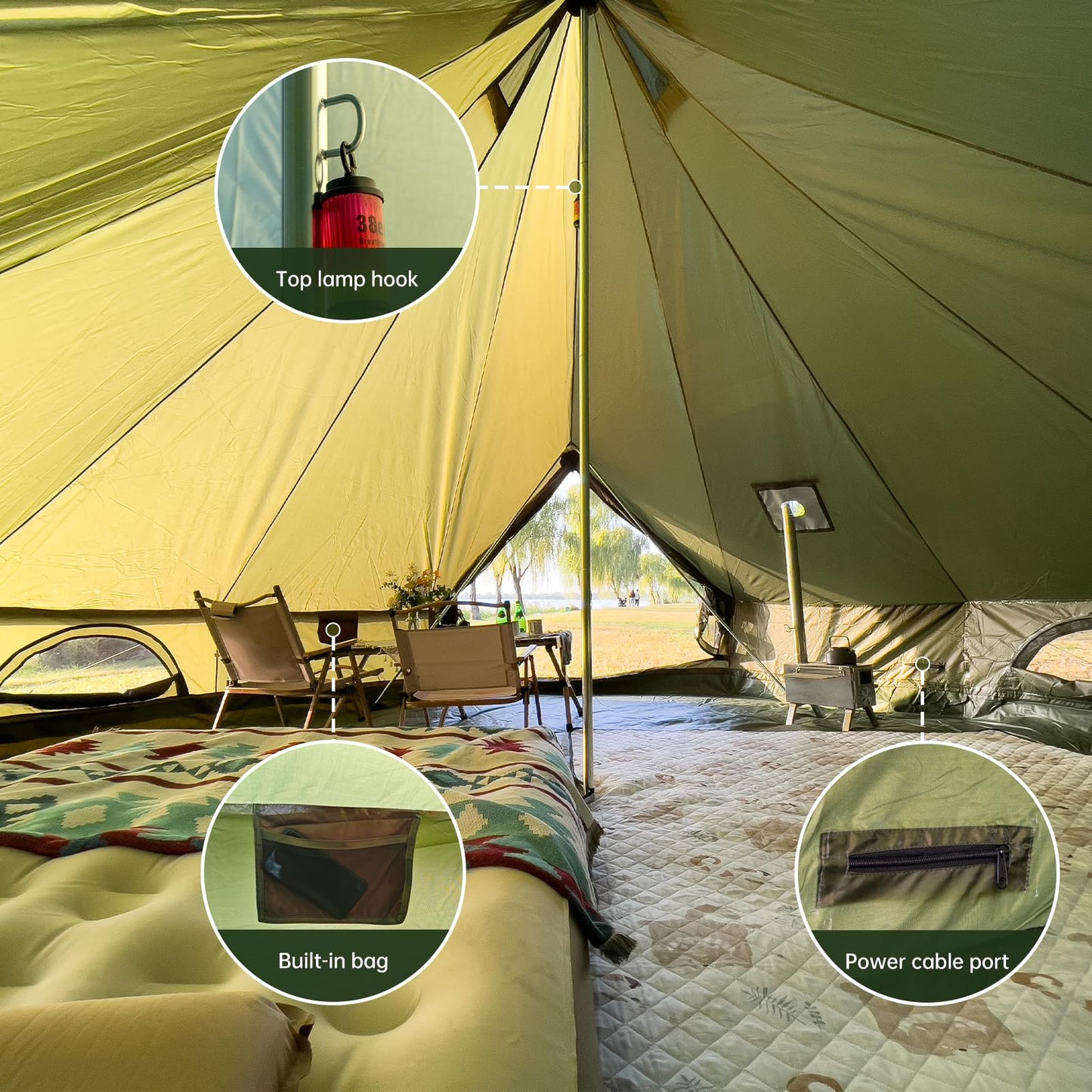 Bell Tent with Stove Jack, Spacious 16.4ft Family Glamping Yurt, 6-8 Person, 4 Season, Easy Setup, Waterproof, Ventilated Outdoor Shelter(16.4ft(Green))