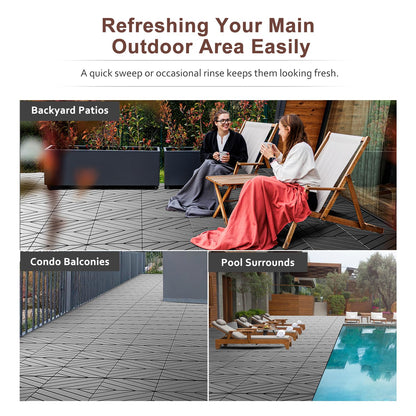 EchoDeck Interlocking Deck Tiles,54 Pack Patio Tiles Outdoor Interlocking All Weather,Patio Deck Tiles,12"x12",Diagonal,Sturdy Base,Highly Durable,Stylish,Non-Slip,Faster-Drying,Efficient,Dark Grey