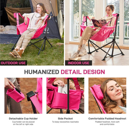 EVER ADVANCED Padded Oversized Hammock Camping Chair, Compact Heavy Duty Swing Chair with Multi-Storage Pockets, Portable Folding Rocking Camping Chair, Support Up to 400lbs, Pink