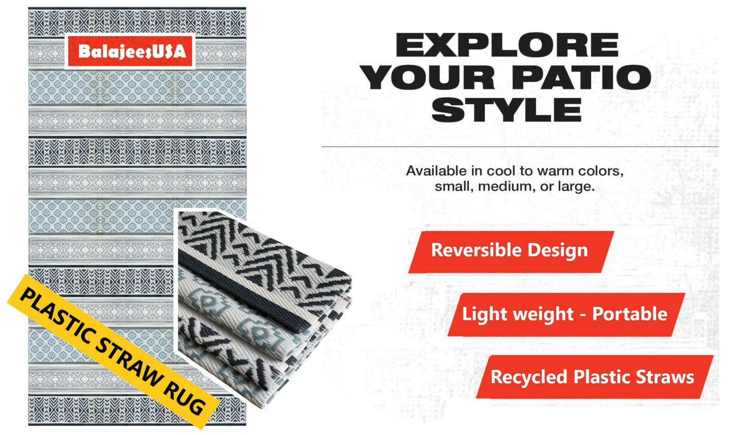 BalajeesUSA Outdoor Rug - 9x18 Grey, Teal, Reversible Recycled Plastic Straw Outdoor Patio Rugs Clearance Waterproof Large RV Camper Mats 7087