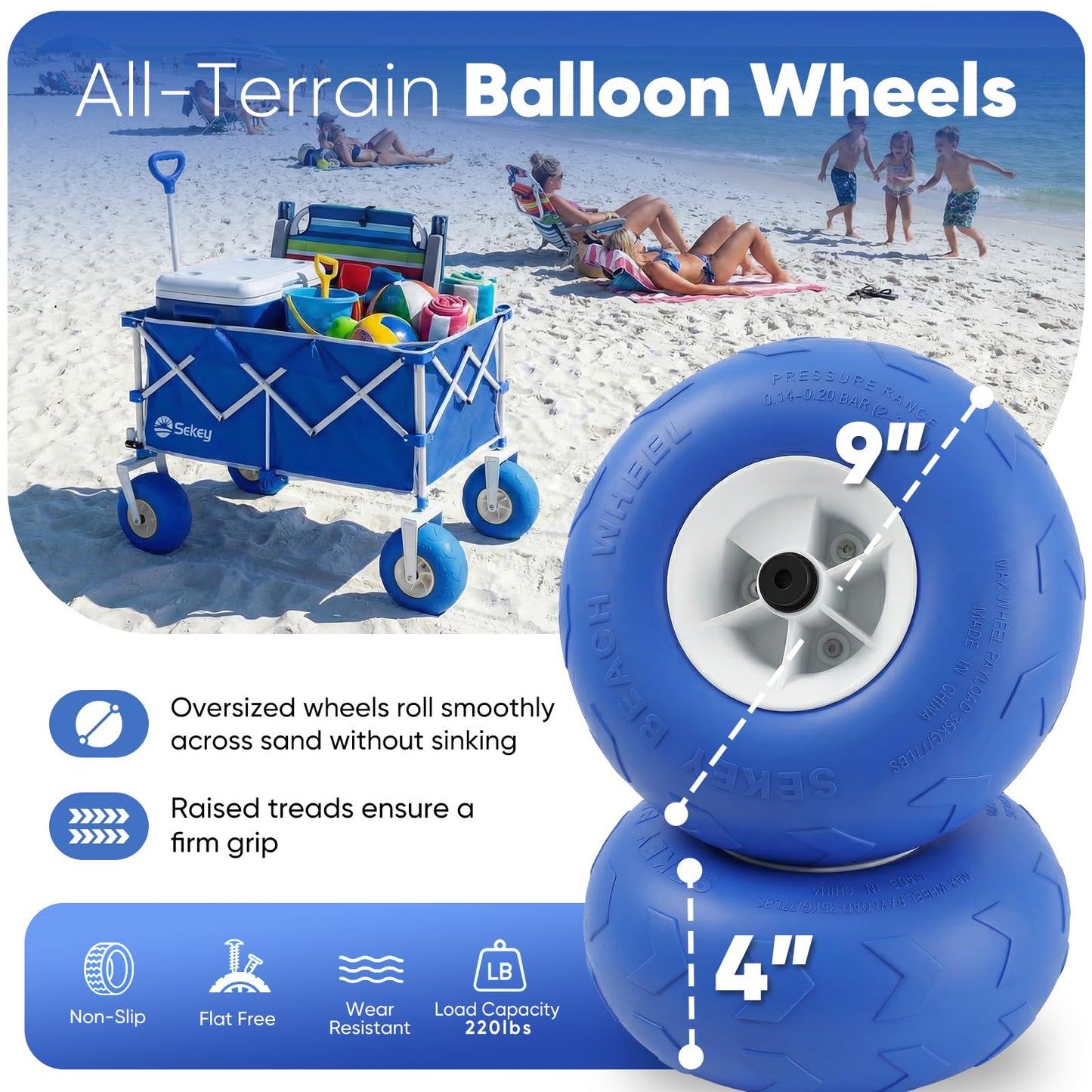 Sekey Heavy Duty Beach Wagon with 9" Wide Balloon Wheels, 600 lbs Capacity, 200L Large Foldable Wagon Cart, Adjustable Handle, All-Terrain Utility Cart for Beach Trips, Sports, and Outdoor Activities