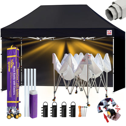 Tradesparker Pop Up Tent,Commercial Movable Canopy with ApexCore LED&Rugged Casters-Instant Easy Setup Shelter Canopies with Weight Bags&Stakes for Outdoor Events(8x12, with 4 Sidewalls, Black)