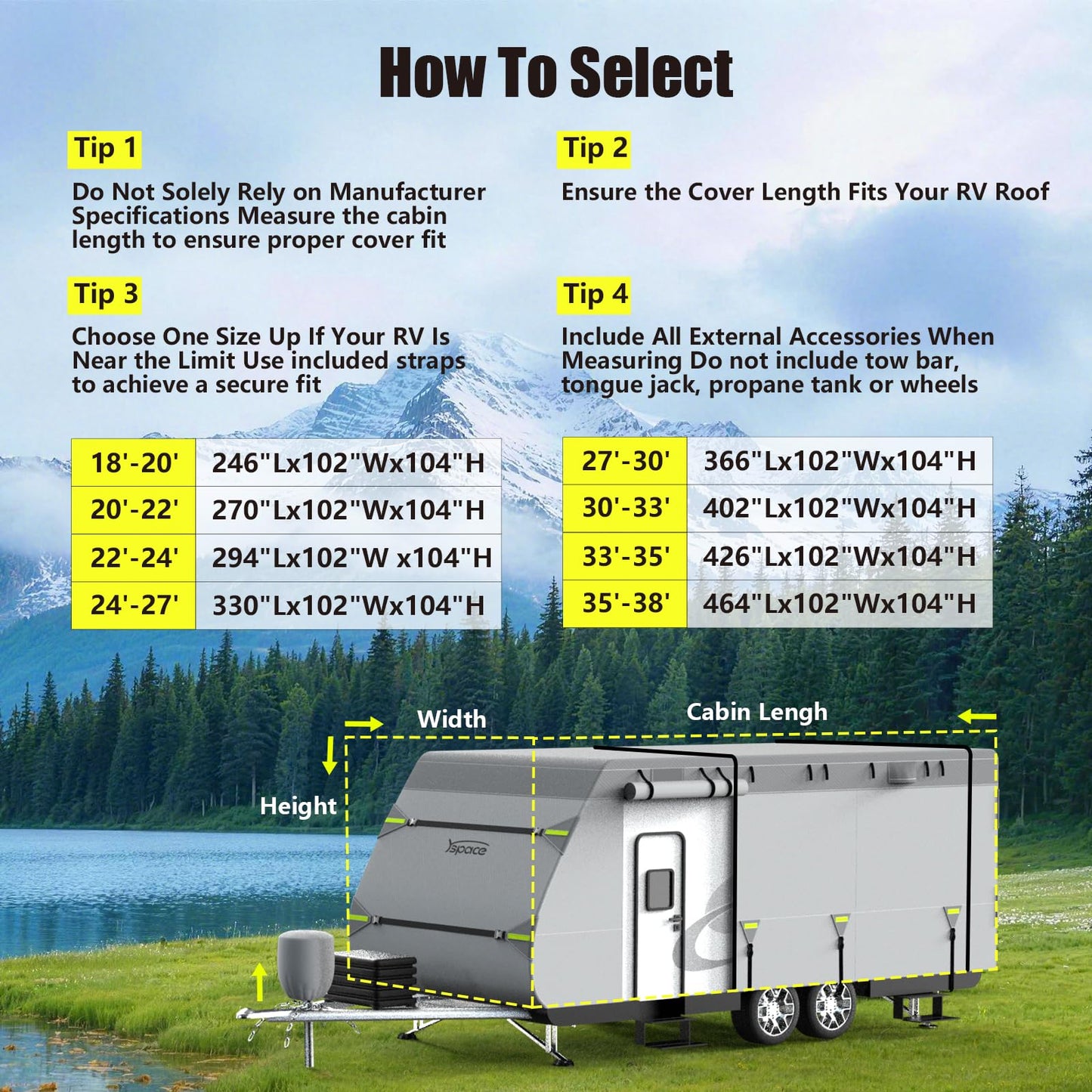 YSPACE 8-Layer Heavy Duty RV Cover 24-27 ft, Rip-Stop Travel Trailer Cover with Windproof Straps, Waterproof Camper Cover with Ventilation, Zipper Access & Full Accessories for All-Season Protection