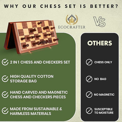 15'' 2 in 1 Wooden Magnetic chess and checkers set (2 Extra Queens Foldable Chess set &amp Cotton Storage Bag) Magnetic Chess Sets for Adults with Color Gift Box Handmade Checkers Board Game