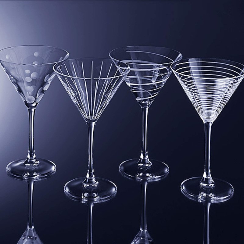 Mikasa Cheers 10-Ounce Martini Glasses, Fun Etched Designs, Durable Clear Glass Cocktail Glassware, Set of 4, Perfect for Entertaining and Gifting