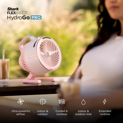 All-New Shark FlexBreeze HydroGo Pro Fan, Indoor & Outdoor Powerful Cooling Fan with Dry-Touch Mist, Portable Cordless & Corded, Long Battery Runtime, 5 Speeds, Pink Diamond, FA056PK9 (Ltd. Edition)