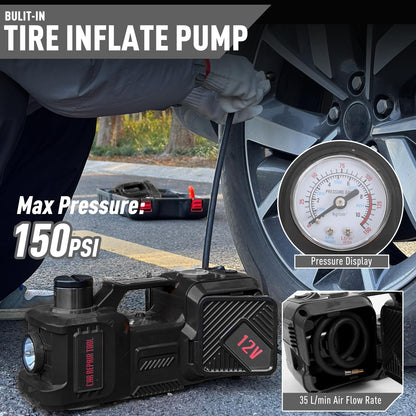 Electric Car Jack Kit 5 Ton 12V Hydraulic Floor Jack with Impact Wrench and Inflatable Pump for SUV Car Emergency Repair Tire Change Kit with LED Light