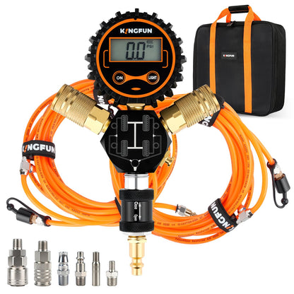 Kingfun 4 Tire Inflation & Deflation System, Rapid High Flow 4 Way Tire Inflator Hose Kit with Digital Pressure Gauge, Fits Up to 220" Wheelbase for Off-Road, Jeep, Truck, SUV
