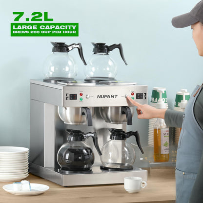 NUPANT Dual Drip Commercial Coffee Maker with Water Line 200 Cup/H 7.2L Auto-Filling Drip Coffee Maker Machine with 4 Carafes & 4 Warmers Stainless Steel Pour over Double Coffee Brewer for Restaurant