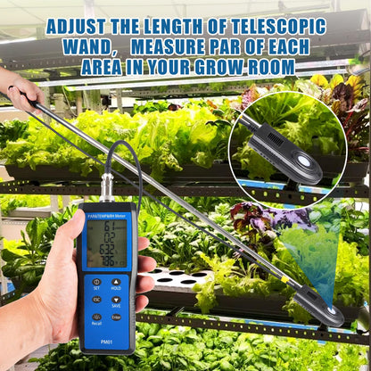 Quantum PAR Meter for LED Grow Lights, 400-700nm Wavelengths Range, Temperature and Humidity Display, PPFD Meter with 36 inch Telescopic Wand for Easy Testing in Tent, Room, Greenhouse