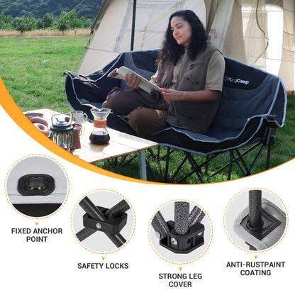 KingCamp 3 Person Camping Chair, Oversized 1100lbs Heavy Duty Loveseat for Adults Portable Folding XL 2 Person Couch Padded Comfortable Three Seat with Cup Holder for Outdoor Lawn Backyard, Black/Grey