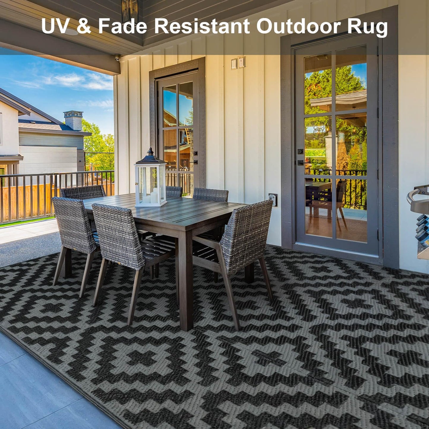 Outdoor Patio Plastic Straw Rug - 9x18 ft Outdoor Camping Rug Waterproof Reversible, Area Carpet Patios Clearance RV, Outside Porch Balcony Deck for Camper, Black & Grey