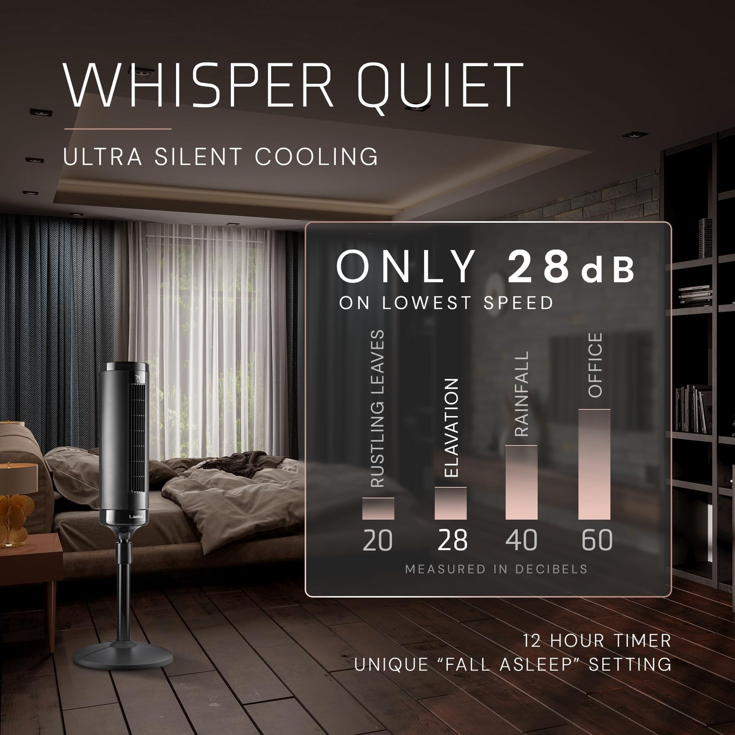 Lasko Elevation Tower Fan for Bedroom, Office, and Living Room - 42”-54” Adjustable Height Cooling with 31 ft/s Airflow and 90° Oscillation- Quiet 28 dB Operation - Remote Control - Black