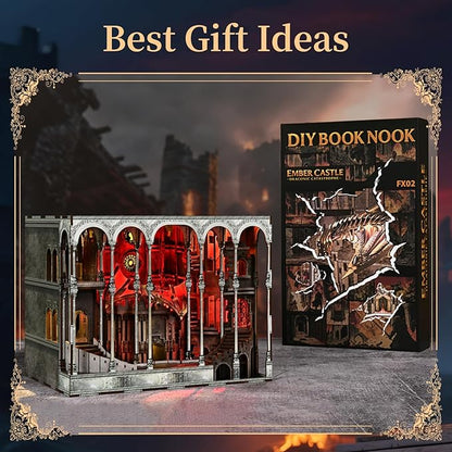 Book Nook Kit DIY Miniature House Dollhouse Kit for Adult and Teens Booknook Bookshelf Decor Castle Model Build with LED Light Gifts for Family and Friends (Ember Castle)