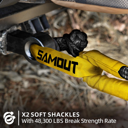 SAMOUT Kinetic Reflective Recovery Rope (48000Lbs 1in x 30ft), Extreme Duty 30% Elasticity Energy Snatch Strap for 4x4 Offroad Vehicle (1in * 30ft Recovery Rope with Soft Shackle)