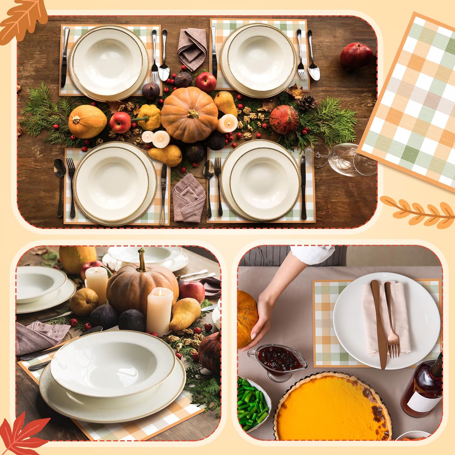 Patelai 50 Pcs Thanksgiving Gingham Paper Placemats 10 x 14 Inch Disposable Scottish Plaid Table Place Mats Checkered Placemat for Thanksgiving Fall Harvest Party Supplies