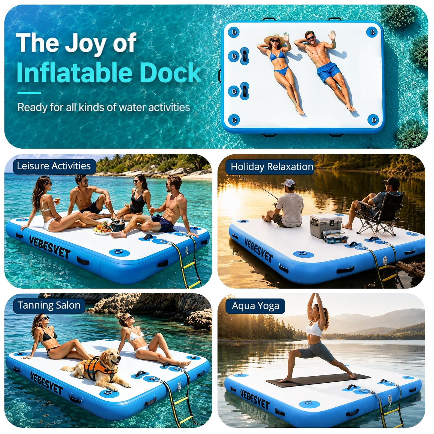 VEBESYET Inflatable Floating Dock with Soft Ladder, 6 inch Thick Non-Slip Inflatable Dock Floating Platform, Durable Drop-Stitch Inflatable Dock for Lake, Ocean, Swimming & Fishing