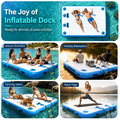 VEBESYET Inflatable Floating Dock with Soft Ladder, 6 inch Thick Non-Slip Inflatable Dock Floating Platform, Durable Drop-Stitch Inflatable Dock for Lake, Ocean, Swimming & Fishing