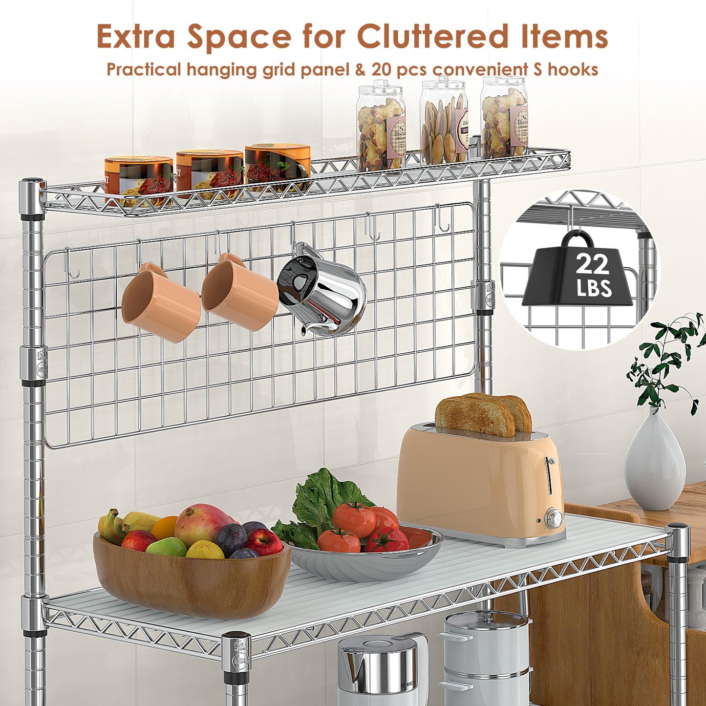 Leteuke Bakers Rack with Storage & Wheels, 42 Inch Microwave Stand Kitchen Shelves, 4-Tier Heavy Duty Storage Rack with 20 S-Hooks, Commercial Metal Utility Kitchen Cart, 42× 18× 63 Inch, Chrome