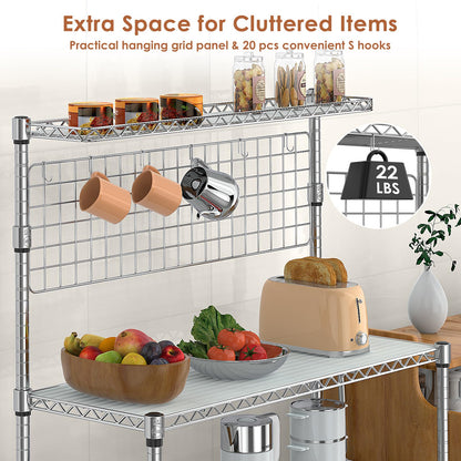 Leteuke Bakers Rack with Storage & Wheels, 42 Inch Microwave Stand Kitchen Shelves, 4-Tier Heavy Duty Storage Rack with 20 S-Hooks, Commercial Metal Utility Kitchen Cart, 42× 18× 63 Inch, Chrome