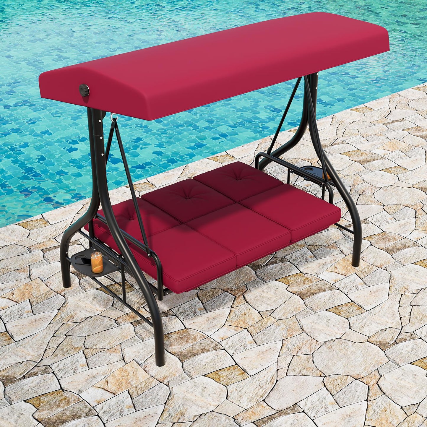 Garvee 3-Seat Outdoor Porch Swing with Adjustable Canopy, Convertible Patio Swing Bed with Stand, Thick Cushions & Cup Holders, Weather-Resistant Steel Frame for Backyard, Garden, Porch, Red