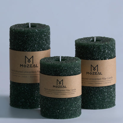 MOZEAL Hand-Poured Granular Texture Decorative Dark Green Pillar Candles Set of 3 (3"x4", 5", 6"), Approx 300 Hours Burn Time, Dripless, Unscented, Smokeless, for Christmas Winter Holidays Decor