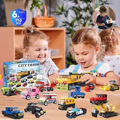 16 Pack Building Blocks Party Favors for Kids Lego-Compatible 2 in 1 710pcs Building Kits Mini City Vehicles Include Police Car &amp Train Christmas Toy Gifts Goodie Bag Filler Stuffers for Boys Gi