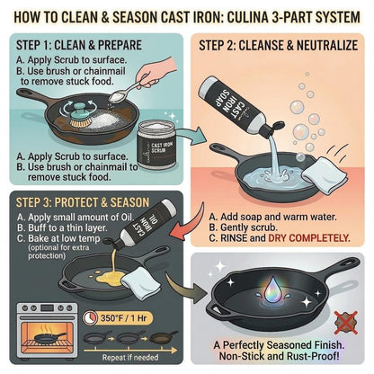Culina Supreme Cast Iron Care Set: Restoring Scrub, Cleaning Soap & Conditioning Oil | Best for Cleaning Care, Washing & Restoring | 100% Plant-Based | for Cast Iron Cookware, Skillets, Pans & Grills!