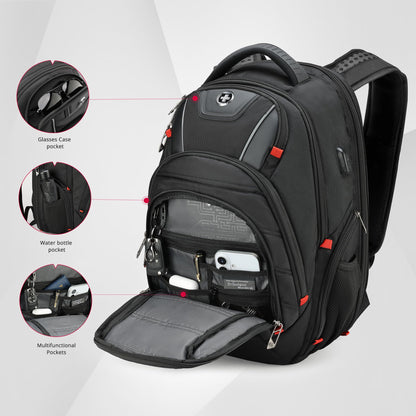 Swissdigital Design Travel Backpack for men with Apple Find My, TSA Friendly USB Charging RFID Protection Business Backpack Fits 15.6" Laptops Black | J149508F-BR