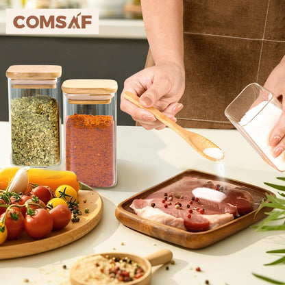 ComSaf 16Pcs Glass Spice Jars with Bamboo Lid, 4oz Airtight Square Spice Containers with 275 Black Lables, Empty Seasoning Jars for Spice Salt Sugar